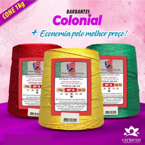 Kit com 3 barbantes coloridos de 1kg para croche
