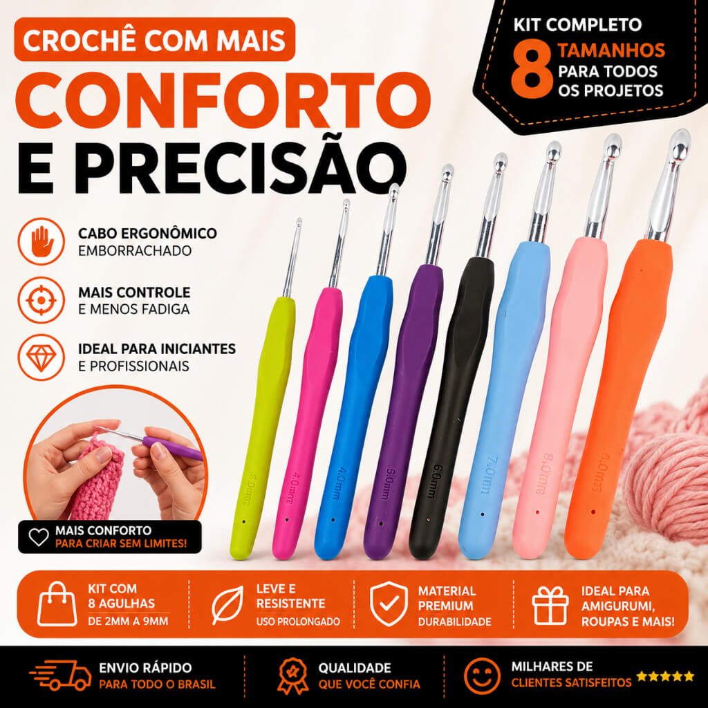 Kit de 8 agulhas de croche para barbante com cabo ergonomico
